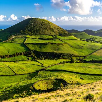 A serene landscape of rolling green hills and fields under a blue sky