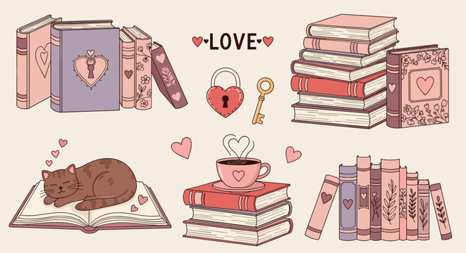 Romantic Aesthetic Book Vector Set Featuring Heart Themed Literature Stacks Sleeping Cat on Open Book Coffee Cup and Vintage Key for Valentines Day and Love Journaling Designs