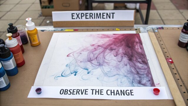 Artistic Experiment with Colorful Swirls and Fluid Dynamics on White Paper Surrounded by Paints and Tools for Creative Observation and Learning
