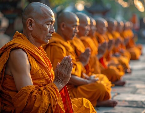 Buddhist monks in orange robes praying.