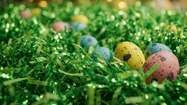 Cinematic panning shot over a bed of bright green artificial shredded grass used for seasonal spring decorations and holiday displays