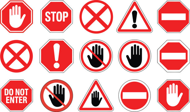 Set of universal prohibition and warning traffic signs with hand and symbol icons isolated on white background, Vector, illustration
