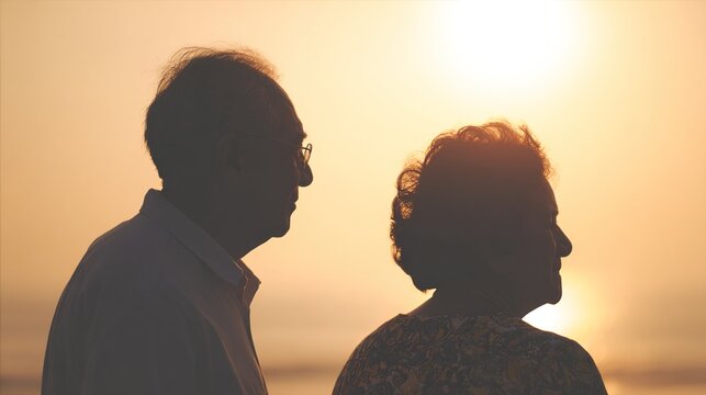 upper. Two figures standing close together on a beach at sunset, bathed in warm golden light. inspiring travel planning, travel magazines, designed for travel destination branding.