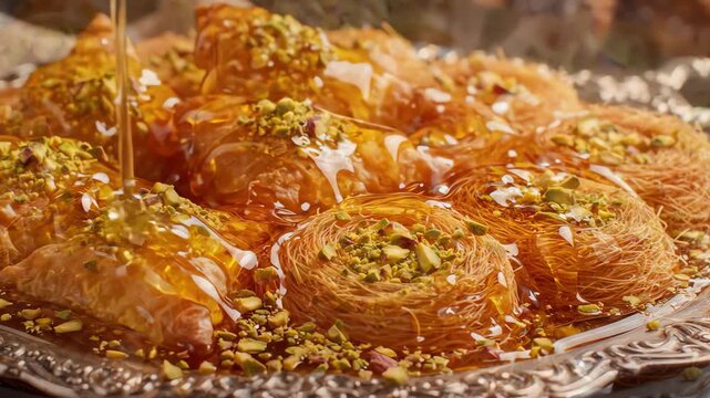 Cinematic slow motion drizzle of golden syrup over freshly baked Arabic warbat and kadayif kunafa pastry topped with crushed pistachios