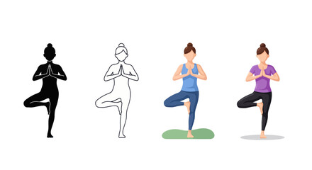 Obraz premium Woman Yoga Tree Pose: Silhouette, Sketch, and Full Color Illustrations
