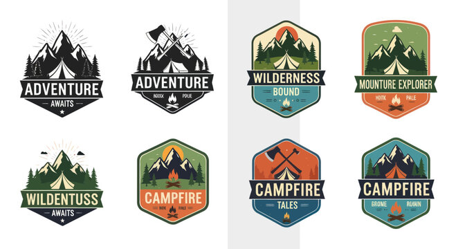 Adventure Camping Badges Collection: Mountains, Campfires, Forests, Axes