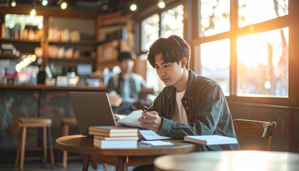 カフェで勉強する若い日本人男性のライフスタイルシーン