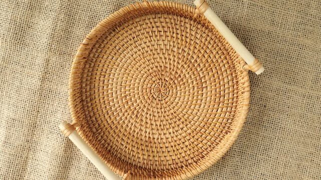 Wicker rattan serving tray with wooden handles