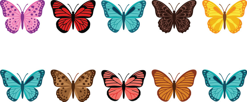 Colorful Butterfly Collection with Decorative Insect Wing Patterns in Cute Cartoon Vector Illustration Style