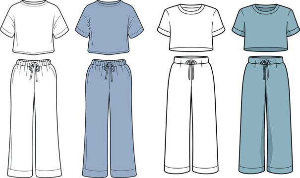 Fashion technical sketch of women's loungewear set featuring oversized crop t-shirt and wide leg drawstring trousers in flat vector style.
