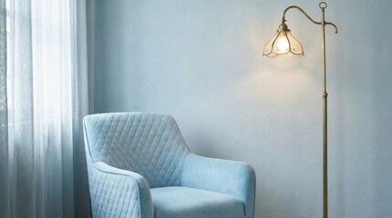 Fototapeta premium Soft sky blue upholstered armchair with decorative lamp in a tranquil interior setting