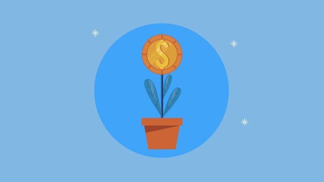 Flat animation of gold coin growing from plant pot symbolizing financial success and wealth growth.