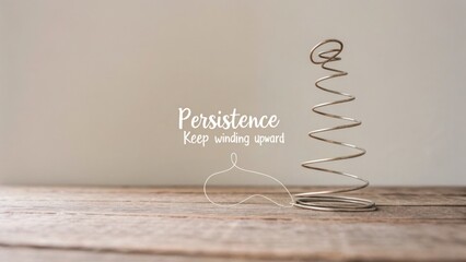 Fototapeta premium Inspirational Quote on Persistence with Wire Spiral and Natural Wood Background Highlighting the Importance of Determination and Growth