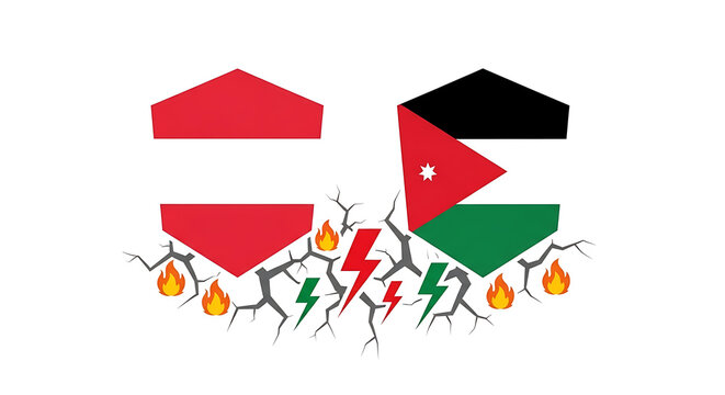 Austria vs jordan flags with cracked earth and fire