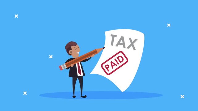 Businessman holding giant pencil marking tax document with paid stamp animation in high quality motion.