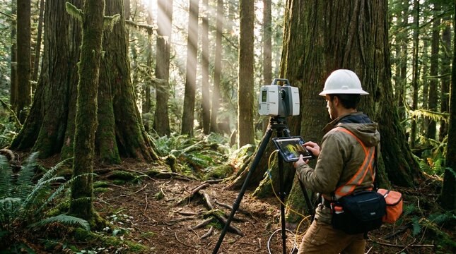 Forester conducting 3d laser scanning survey in an oldgrowth forest