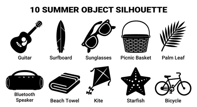 Set of ten black summer object icons and travel vacation silhouettes