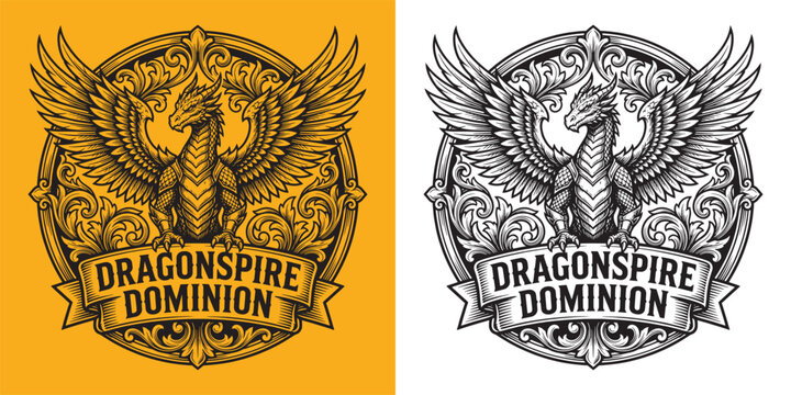 Dragonspire Dominion Mythical Dragon Crest with Spread Wings and Floral Filigree
