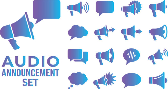 Audio announcement set megaphones and speech bubbles with gradient colors icons.