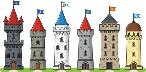 Medieval Castle Tower Collection with Fantasy Fortress Architecture and Cartoon Kingdom Buildings Vector Illustration Set © Lota