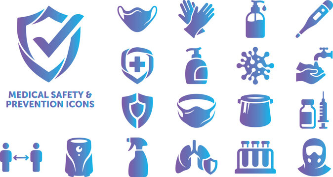 Medical safety and prevention icons in blue and purple gradient, masks, gloves, and shields.