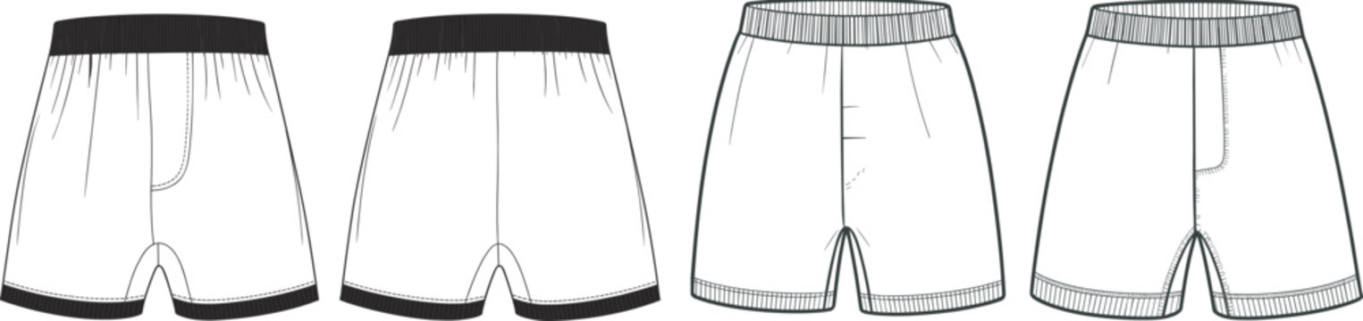Comprehensive fashion technical illustration of men's woven boxer shorts with elastic waistbands, showing front and back views for product development.