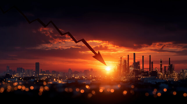 Economic Downturn Amidst Industrial Landscape: A stark depiction of economic decline, symbolized by a downward arrow over an industrial cityscape silhouetted against a dramatic, fiery sunset.