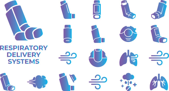 Respiratory delivery systems icons breathing medical inhalers lungs wind symbol healthcare medicine.