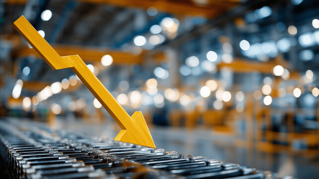 Economic Downturn: A symbolic depiction of financial decline in an industrial setting, featuring a downward-pointing arrow superimposed on machinery.