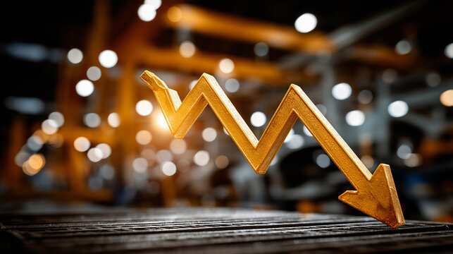 Golden Descent: A stark visual representation of a downward trend, a golden arrow plunges, symbolizing decline. Set against the backdrop of an industrial landscape.