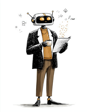 The Thinking Robot with coffee and paper: A stylish robot pauses for a moment with a coffee cup and is reading a document while it is thinking about the complex task.