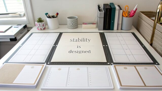 Elegant Workspace with Planner Layout and Inspirational Quote on Stability Designed for Effective Planning and Organization Purposes