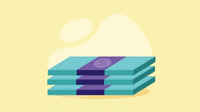 Animated stack of dollar bills banknotes falling into pile for financial growth concept.