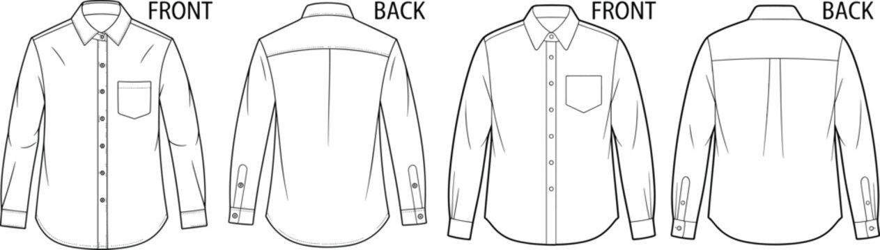 Detailed technical fashion flat sketch of a men's button-down long sleeve shirt showing front and back views for garment manufacturing.
