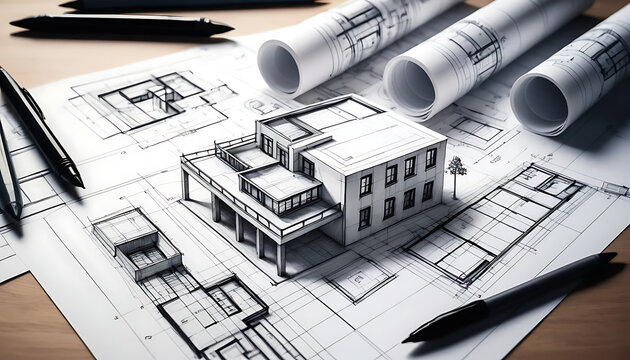 Architectural blueprints with 3 d house model, rolled up plans, and drafting tools on wooden desk 3d model