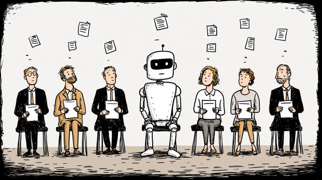 AI Interview Lineup: A thought-provoking illustration of a robot and a line of interviewees, each holding documents, symbolizes the evolving job market.