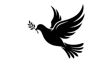Fototapeta premium Minimal dove silhouette with olive branch modern peace icon black vector illustration
