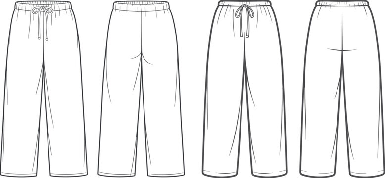 Fashion flat technical sketch of unisex lounge pants with elastic waistband and drawstring detail in front and back views