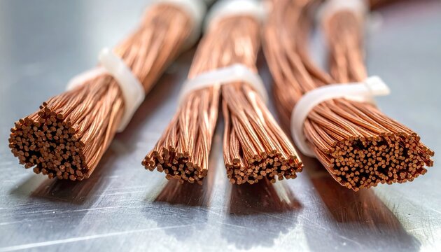 Macro closeup of professional copper wiring bundles secured with white plastic zip ties on a brushed metal surface, creating a technical aesthetic suitable for industrial and engineering themes.