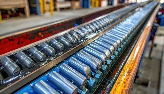 Industrial rack and pinion system with precision polished steel gear teeth and heavy duty grease coated rails for high performance mechanical automation machinery in a factory warehouse setting.