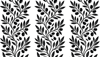 Olive branch seamless pattern vector borders set featuring Greek olive tree sprigs with leaves and fruits black silhouette ornaments for Mediterranean food packaging design © MDSaiful