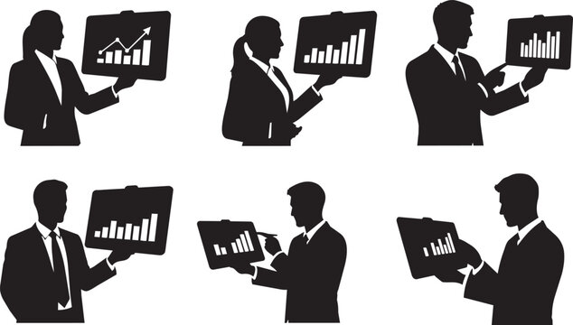Businessmen holding graphs, charts, and statistics, black silhouettes, office data analysis, 6 icons