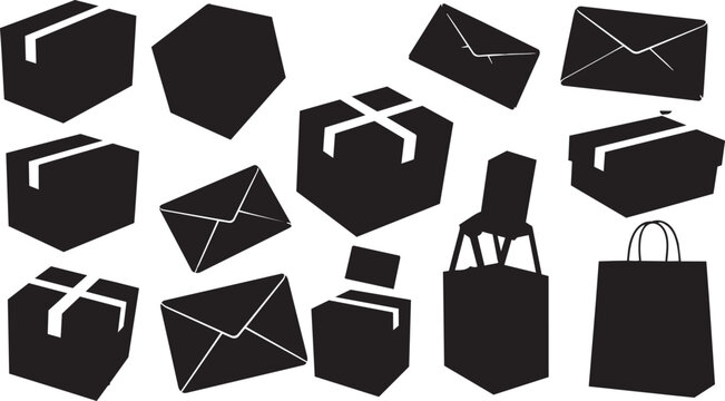 Black envelopes, packages, and bags icons set, delivery, shipping, mail symbols