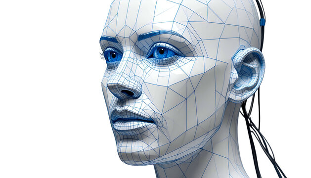Futuristic female face with blue eyes and geometric mesh overlaid
