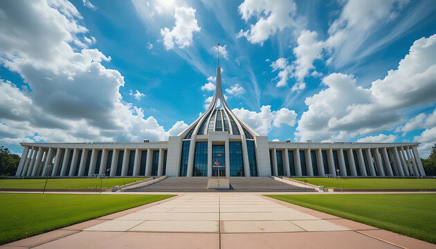 Modern white building with triangular roof, blue windows, and concrete walkway, under a blue sky with clouds