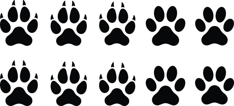 Animal paw prints vector icons set featuring dog cat pet puppy kitten and wild wolf bear claws footstep silhouettes for veterinary veterinary clinics wildlife tracking collection