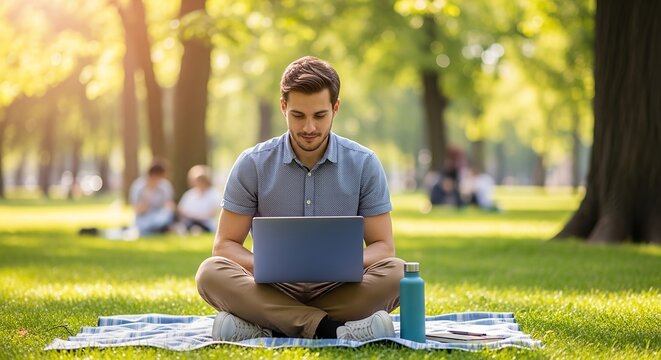 Man Working on Laptop in Park on a Sunny Day