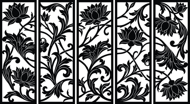 Decorative Floral Lotus Laser Cut Panel Vector Set with Traditional Oriental Flourish Patterns for Interior Room Dividers, Privacy Screens, and Wall Art Architecture