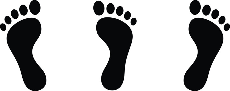 Human footprint vector icons set featuring bare feet sole marks walking tracks step silhouettes for beach tracking podiatry healthcare and forensic science design