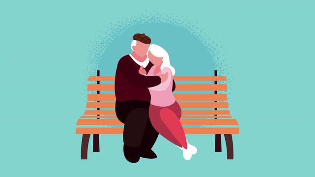Animation of affectionate elderly couple sitting on park bench showing love and companionship with gentle movement.
